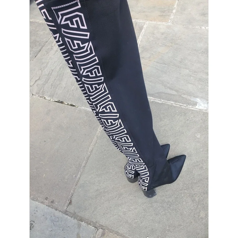LF Black Over The Knee LF Logo Graphic Boots Heel Size 6M